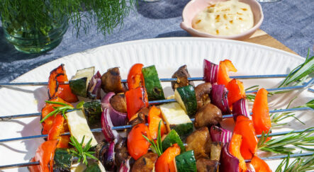 Grilled Vegetable Skewers with Cheddar Cheese Dip