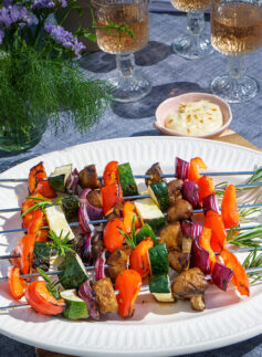 grilled vegetable skewers with cheddar cheese dip