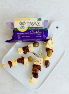 marinated cheese squares on skewers