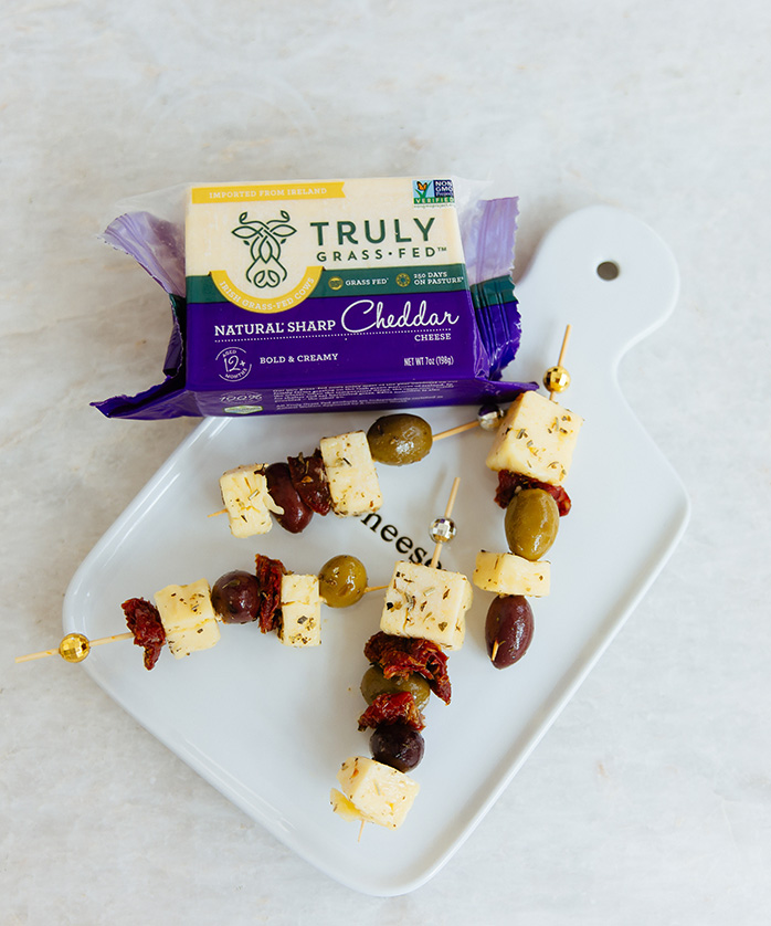 marinated cheese squares on skewers