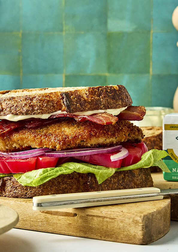 fried chicken sandwich on serving plate